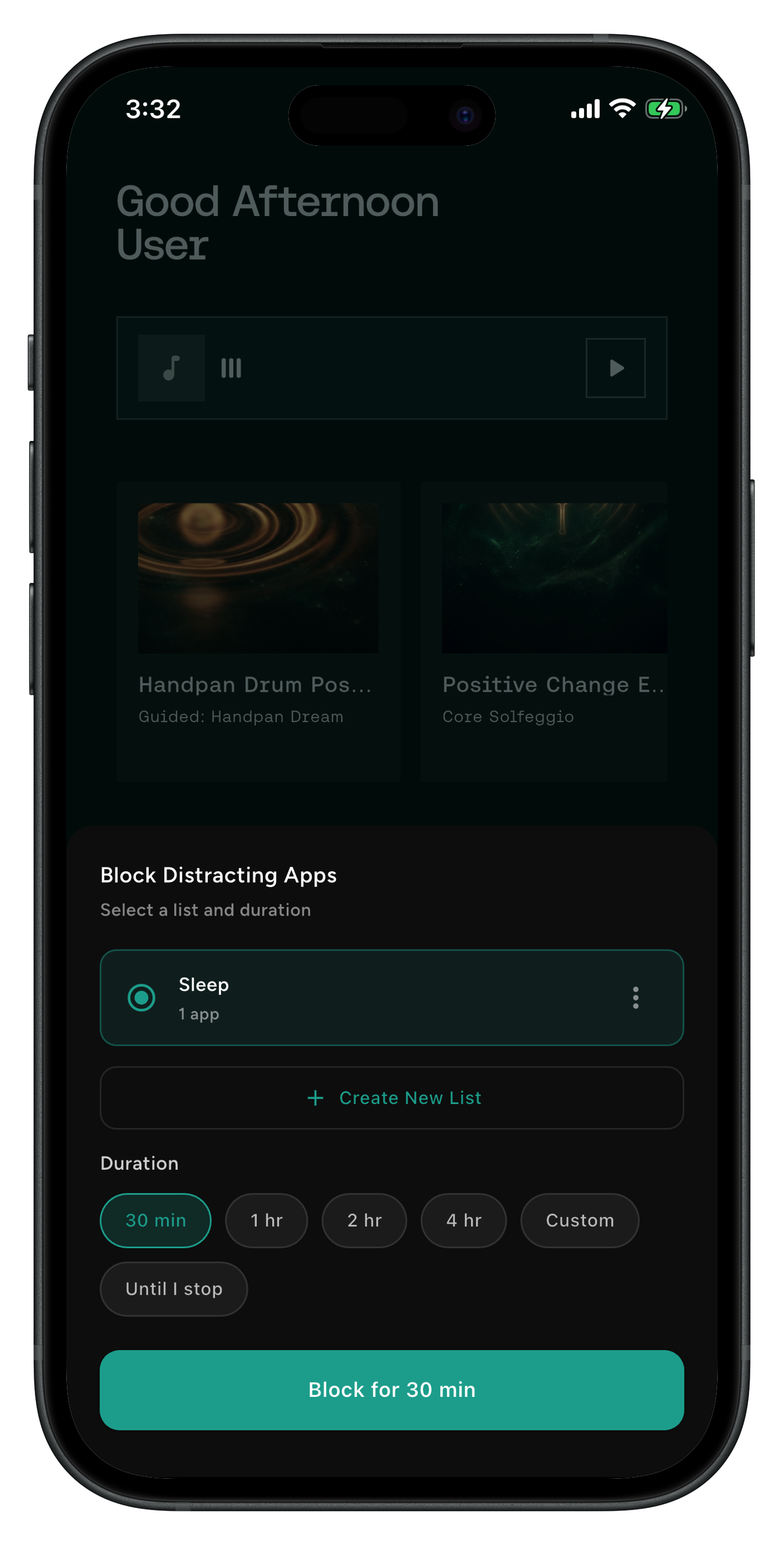 Naptick app — Block Distracting Apps screen with a list and duration selector