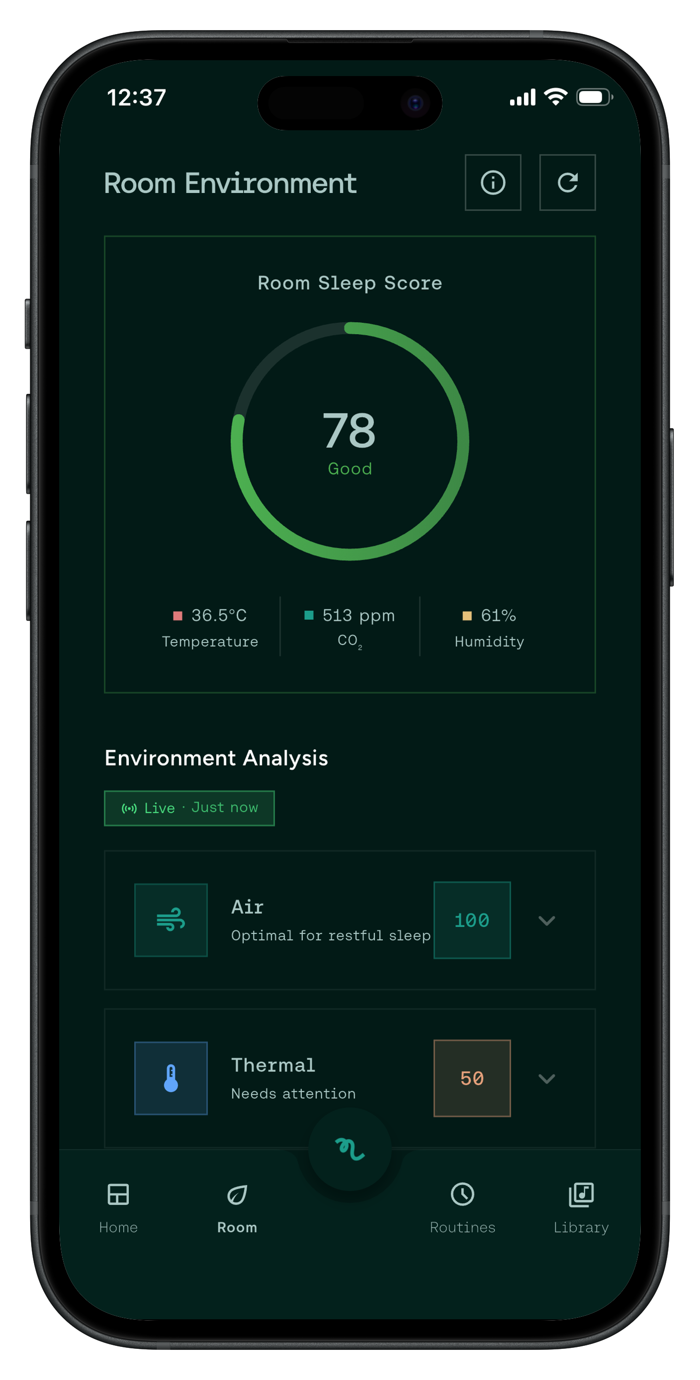 Naptick app — Room Environment screen showing a sleep score of 78