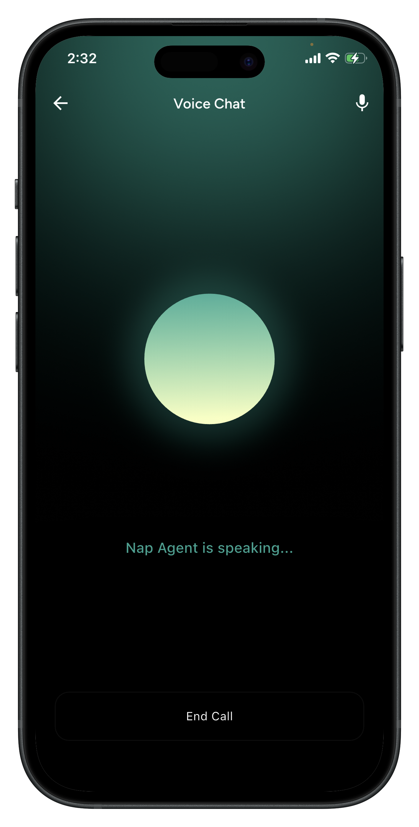 Naptick app — Voice Chat screen with the AI Nap Agent speaking