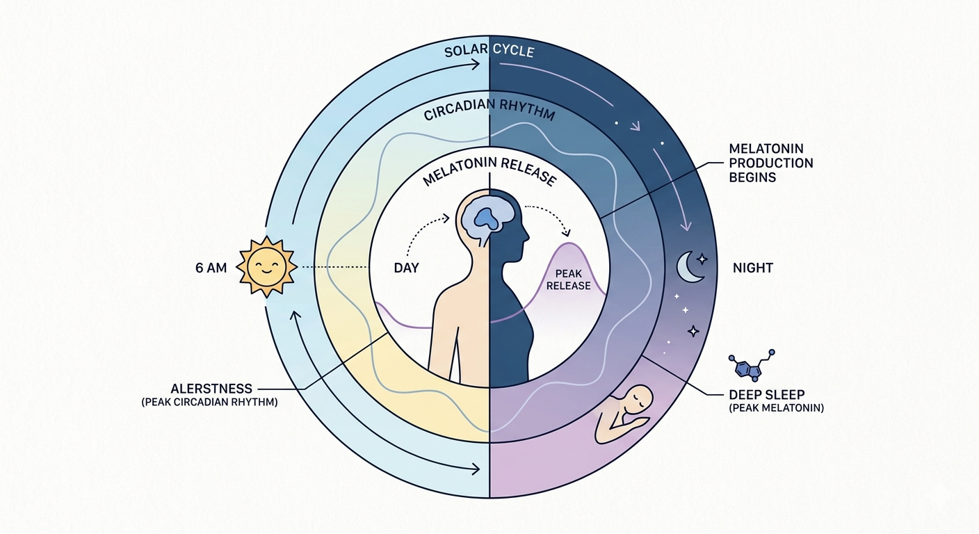 A 24-hour circadian rhythm diagram showing the solar cycle, circadian rhythm, and melatonin release across day and night